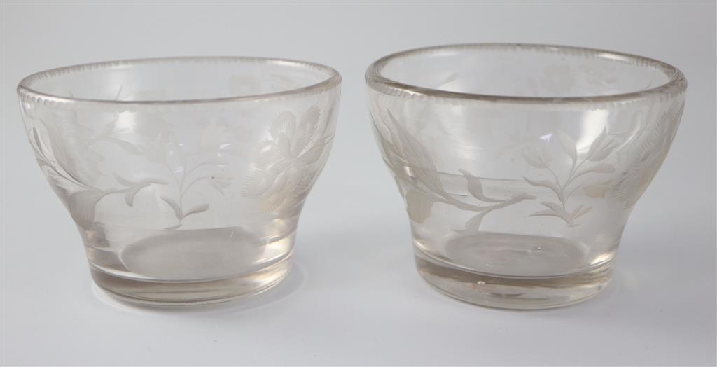 A pair of glass sugar or rinsing bowls, c.1745, of Jacobite significance, 10.5cm diameter